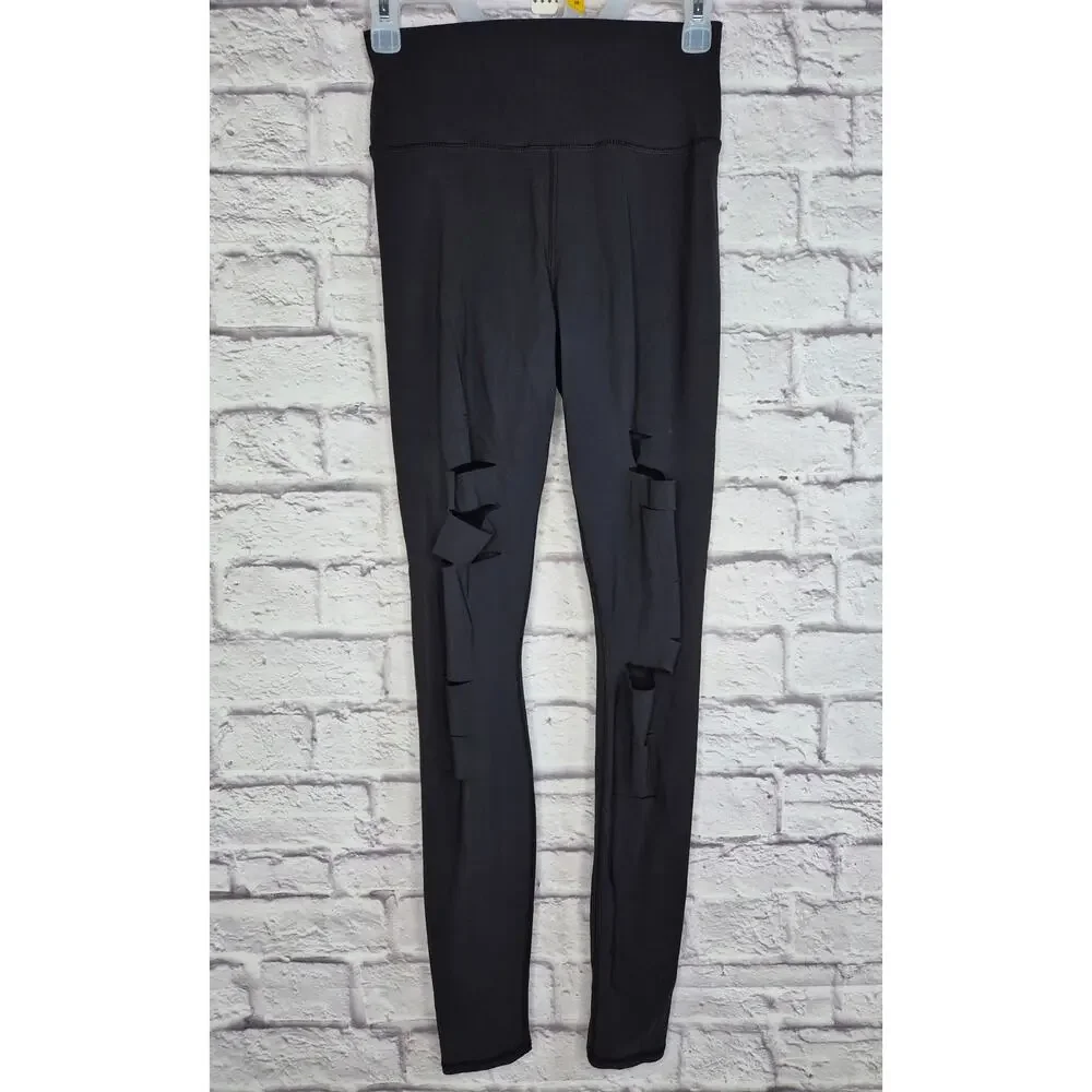 Alo Yoga High Waist Ripped Leggings Black XS Cutout Distressed Yoga Pants.